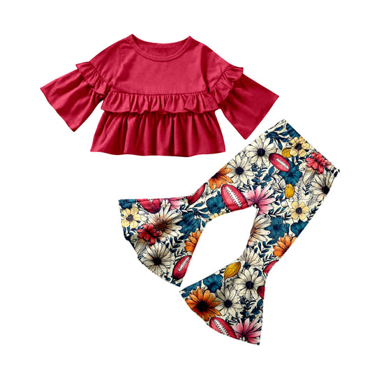 Baby Girls Red Ruffle Tee Shirt Tops Bell Bottom Pants Clothes Sets preorder(moq 5)