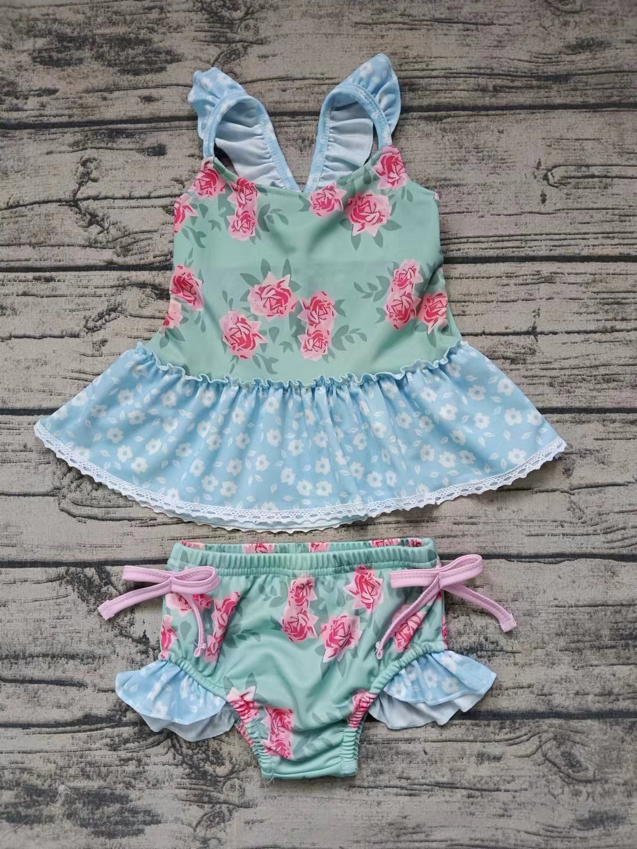 Baby Girls Green Flowers Ruffle Top Bummie Swimsuits Clothes Sets Preorder(moq 5)