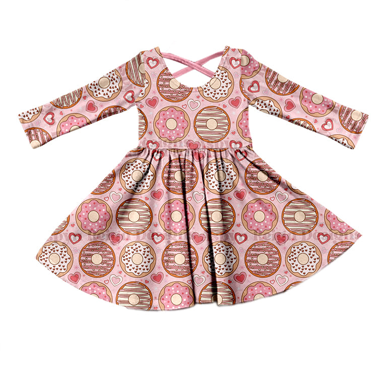 Baby Girls Valentines Donuts Long Sleeve Knee Length Dresses preorder(moq 5)