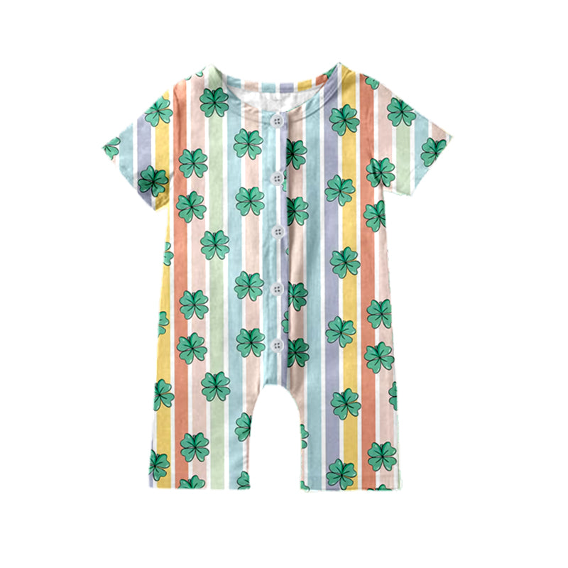 Baby Kids Green St Patrick Day Stripes Quatrefoil Short Sleeve Buttons Rompers preorder(moq 5)