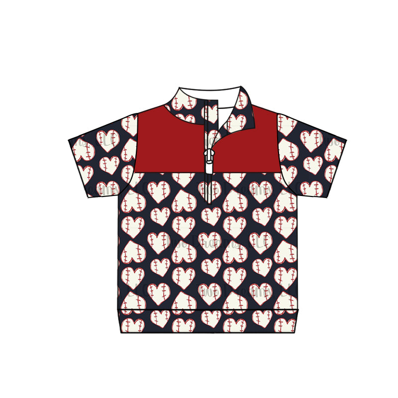 Baby Boys Baseball Hearts Zip Short Sleeve Polo Shirts Tops Preorder(moq 5)