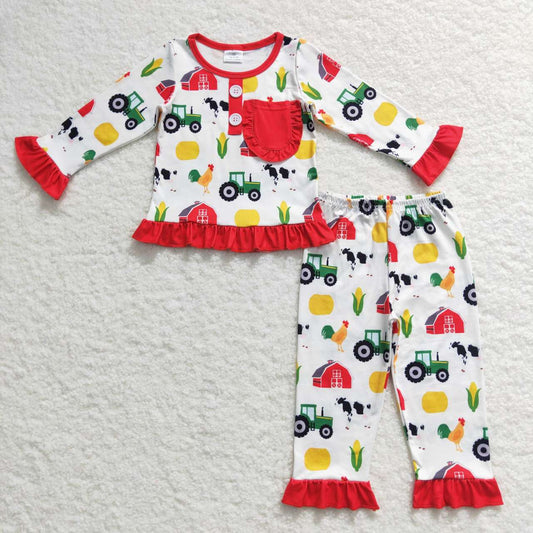 Baby Girls Fall Farm Red Top Pants Long Sleeve Pajamas Clothes Sets