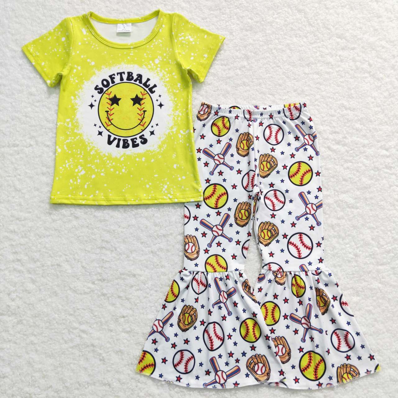 Baby Girls Softball Short Sleeve Top Bell Bottom Pants Clothing Sets