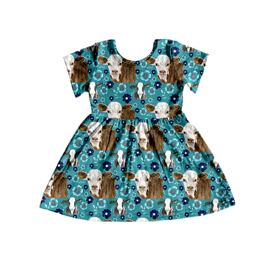 Baby Girls Western Spring Highland Cow Blue Dresses Preorder(moq 5)