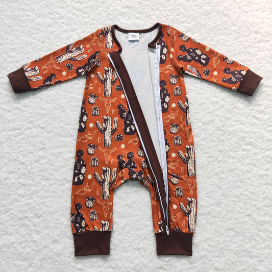 Baby Infants Kids Cactus Brown Western Long Sleeve Rompers