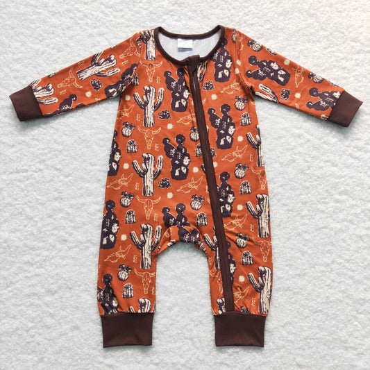 Baby Infants Kids Cactus Brown Western Long Sleeve Rompers
