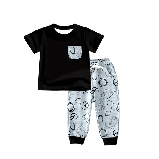 Baby Boys Western Black Pocket Top Hats Boots Pants Sets Preorder(moq 5)