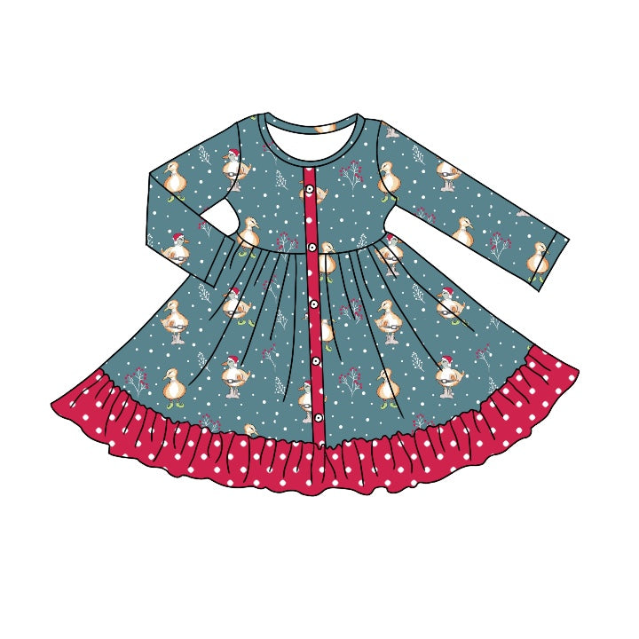 Baby Girls Christmas Ducks Red Dots Ruffle Long Sleeve Dresses preorder(moq 5)