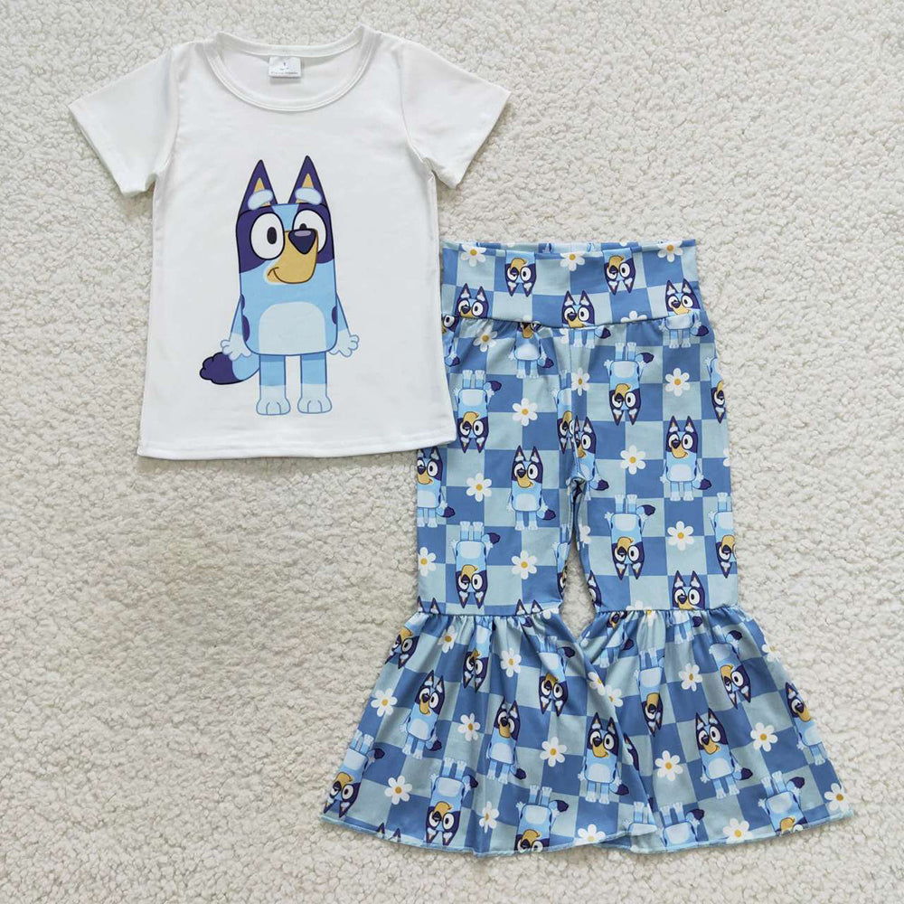 Baby Girls Blue Dogs Short Sleeve Tee Shirts Top Bell Pants Clothes Sets