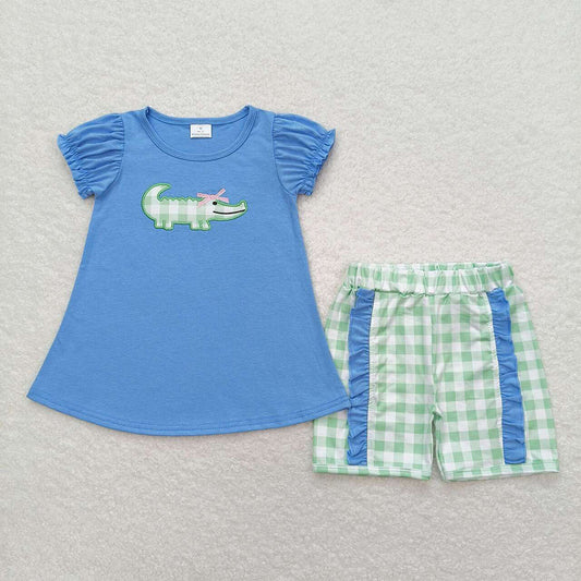 Baby Girls Crocodile Shirt Green Checkered Sibling Shorts Clothes Sets