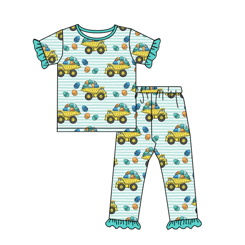 Baby Girls Blue Stripes Tractors Eggs Tee Bottom Pants Pajamas Clothes Sets preorder(moq 5)