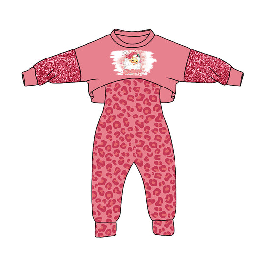 Baby Girls Christmas Pink Leopard Santa 2pcs Jumpsuits Sets preorder(moq 5)
