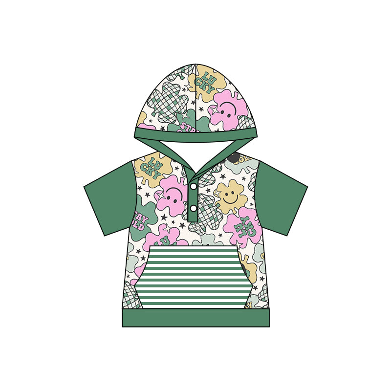 Baby Boys Green St Patrick Day Quatrefoil Short Sleeve Hooded Shirts Preorder(moq 5)