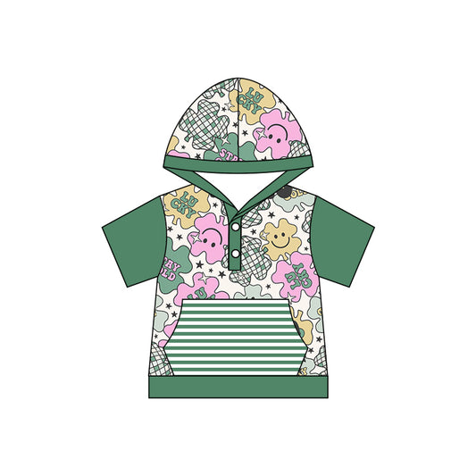 Baby Boys Green St Patrick Day Quatrefoil Short Sleeve Hooded Shirts Preorder(moq 5)