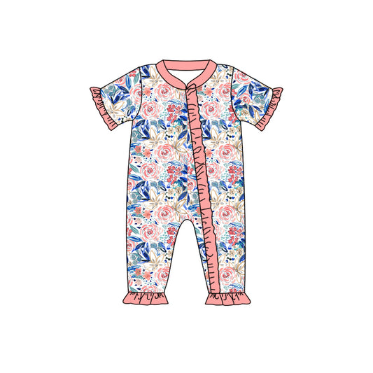 Baby Infant Girls Pink Floral Flowers Short Sleeve Rompers preorder(moq 5)