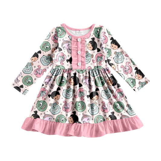 Baby Girls Monster Cartoon Pink Ruffle Long Sleeve Dresses preorder(moq 5)