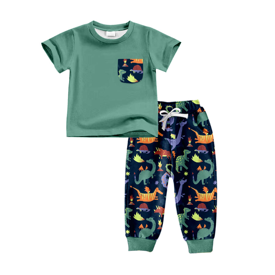 Baby Boys Green Short Sleeve Tee Shirt Dinosaur Pants Clothing Sets Preorder(moq 5)