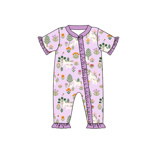 Baby Infant Girls Purple Unicorn Flowers Short Sleeve Rompers preorder(moq 5)