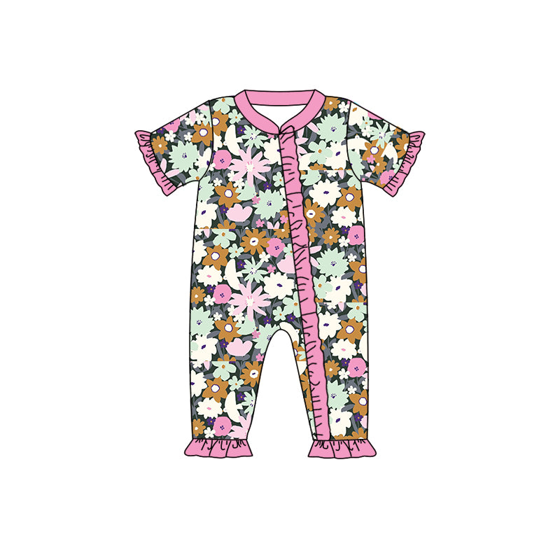 Baby Infant Girls Pink Green Flowers Short Sleeve Rompers preorder(moq 5)