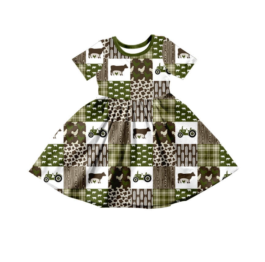 Baby Girls Farm Green Cows Knee Length Dresses Preorder(moq 5)