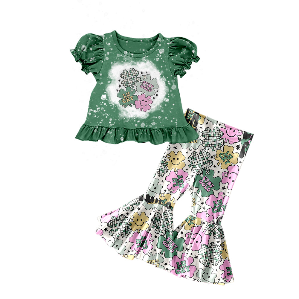 Baby Girls Green St Patrick Day Quatrefoil Top Bell Pants Sets Preorder(moq 5)