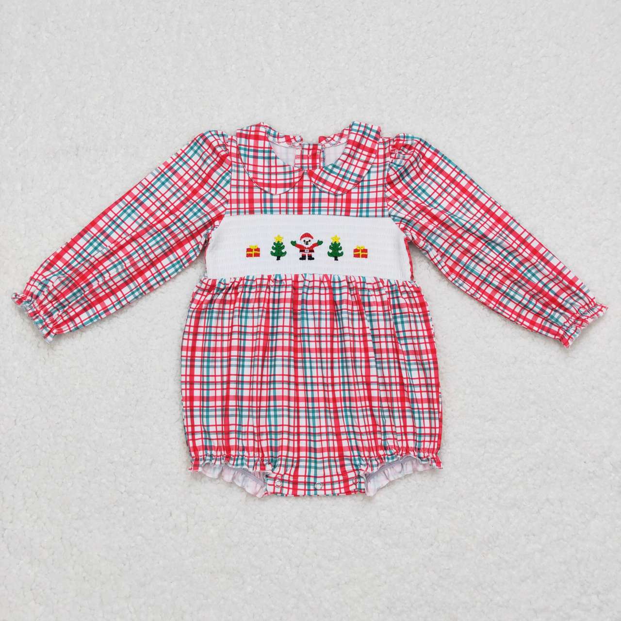 Christmas Baby Girls Santa Red Plaid Smocked Long Sleeve Rompers