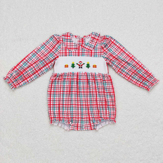 Christmas Baby Girls Santa Red Plaid Smocked Long Sleeve Rompers