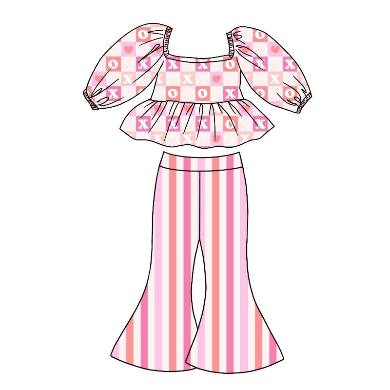 Baby Girls XO Shirt Valentines Stripes Bell Pants Clothing Sets Preorder(moq 5)