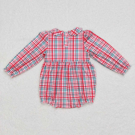 Christmas Baby Girls Santa Red Plaid Smocked Long Sleeve Rompers