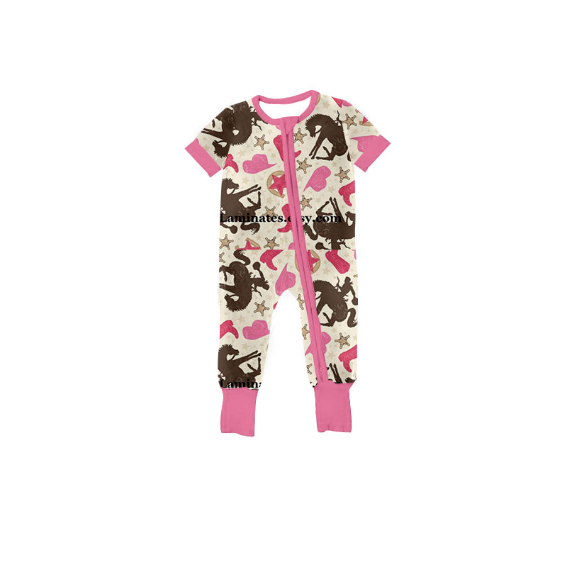 Baby Girls Western Pink Rodeo Zip Short Sleeve Rompers preorder(moq 5)