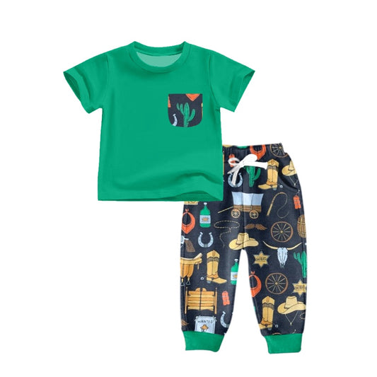 Baby Boys Western Pocket Green Cactus Shirt Pants Clothing Sets Preorder(moq 5)