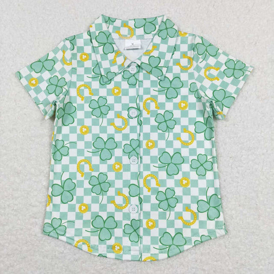 Baby Boys Green Checkered Quatrefoil St Patrick Days Buttons Tee Shirts