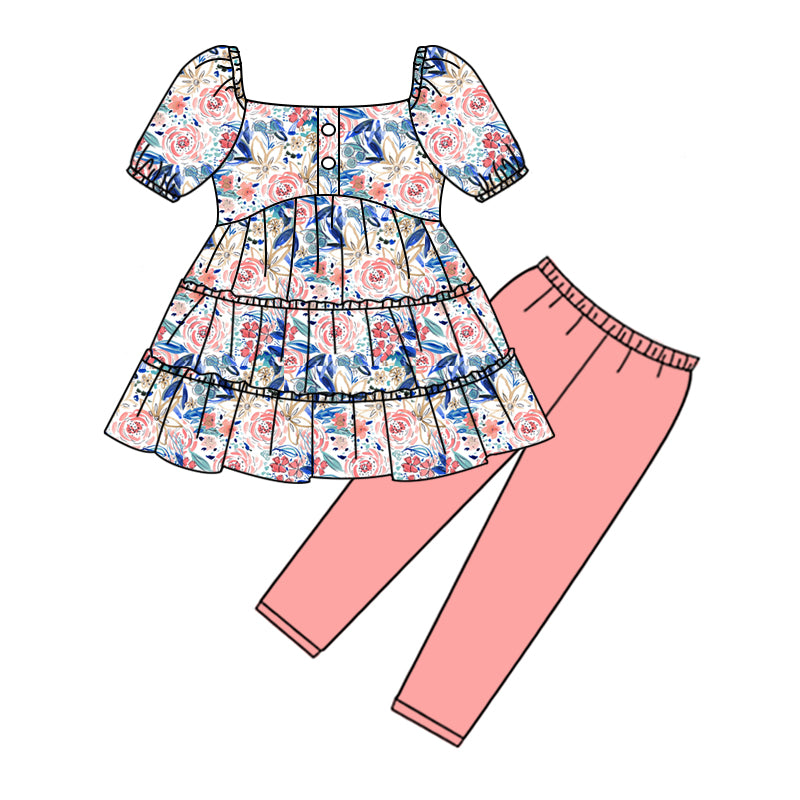 Baby Girls Spring Pink Flowers Tunic Legging Bottom Pants Clothing Sets Preorder(moq 5)