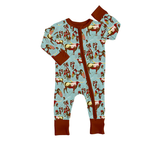 Baby Boys Western Brown Cows Long Sleeve Zip Rompers preorder(moq 5)