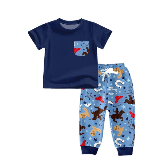 Baby Boys Western Pocket Blue Shirt Horse Pants Clothing Sets Preorder(moq 5)
