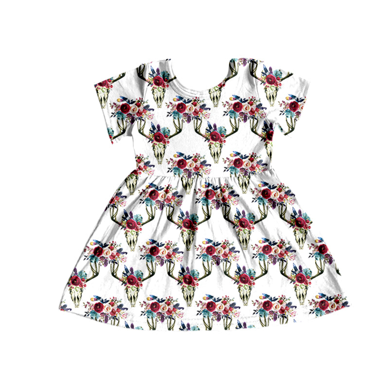 Baby Girls Cows Flowers Short Sleeve Knee Length Dresses Preorder(moq 5)