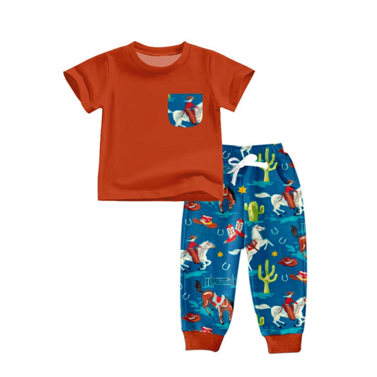 Baby Boys Western Pocket Green Shirt Horse Cactus Pants Clothing Sets Preorder(moq 5)