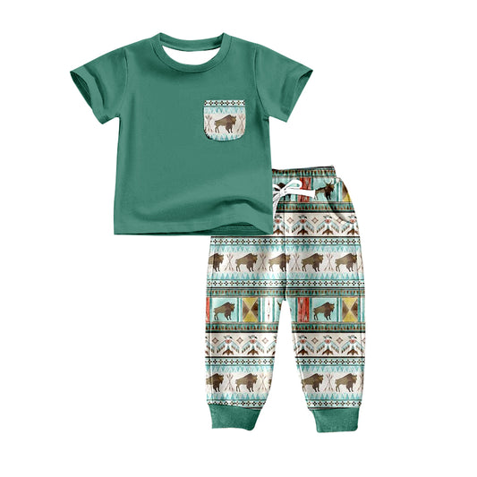 Baby Girls Green Western Aztec Cow Tee Shirt Pants Clothing Sets Preorder(moq 5)