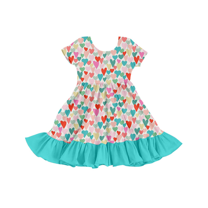 Baby Girls Valentines Colorful Hearts Short Sleeve Twirl Knee Length Dresses Preorder(moq 5)