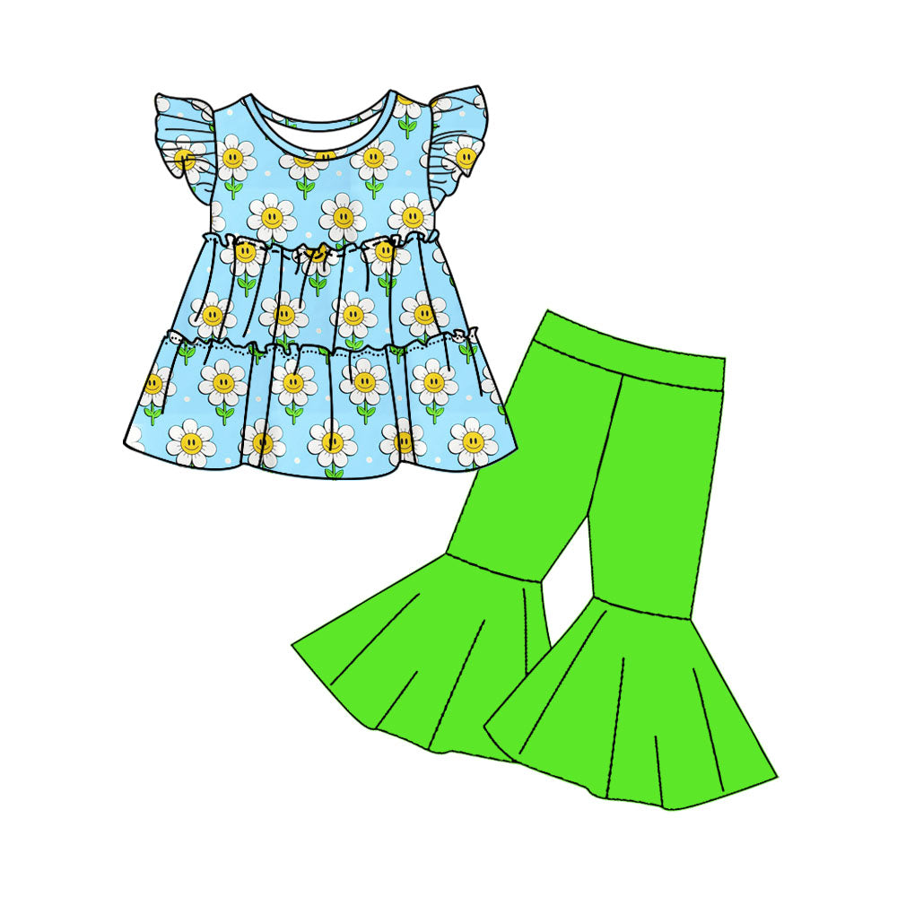 Baby Girls Blue Sun Flowers Tunic Top Bell Pants Outfits Sets preorder(moq 5)