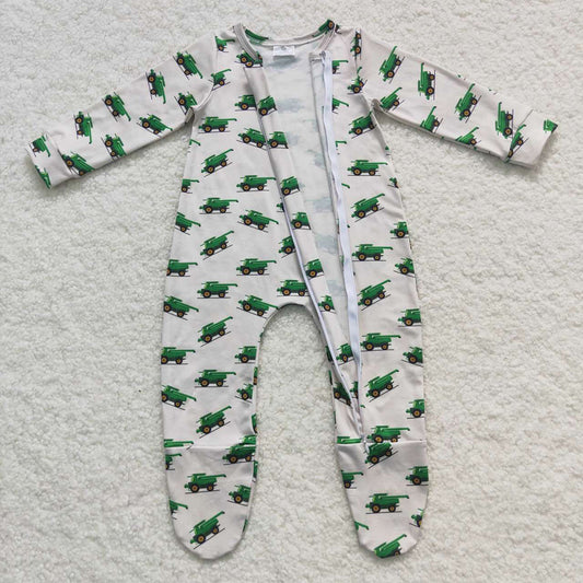 Grey Green Tractor Long Sleeve Baby Kids Infant Rompers