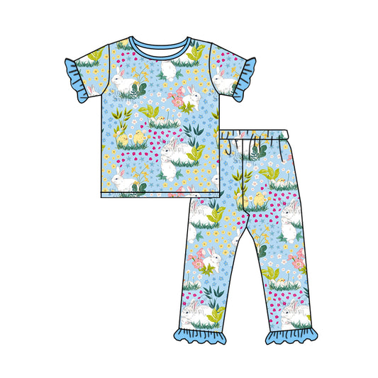 Baby Girls Easter Rabbit Short Sleeve Ruffle Pants Pajamas Preorder(moq 5)