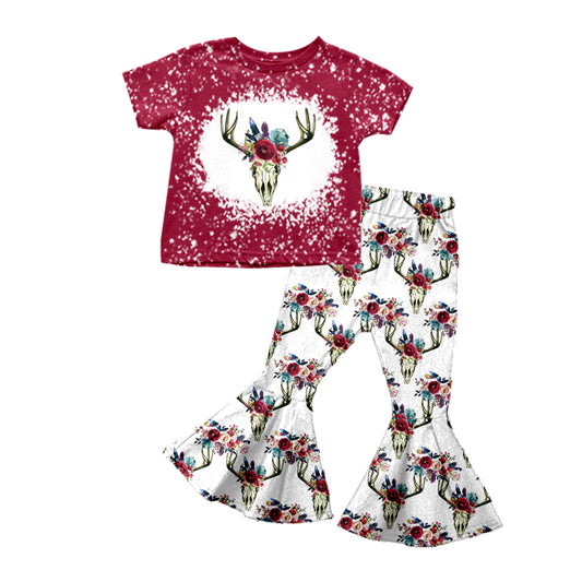 Baby Girls Maroon Cow Flowers Tee Shirt Bell Pants Clothing Sets Preorder(moq 5)