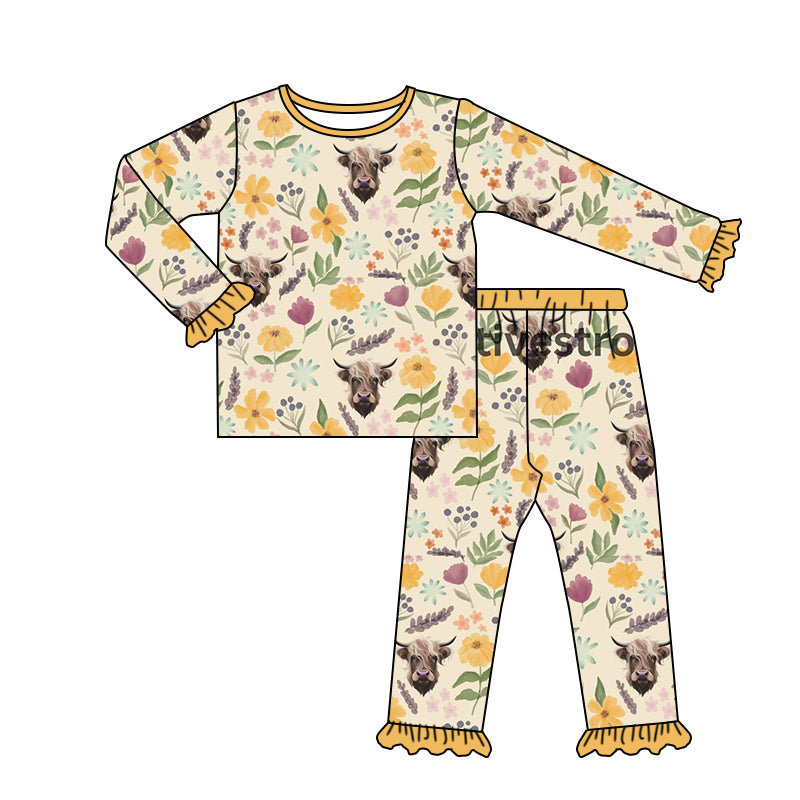 Baby Girls Highland Cow Flowers 2pcs Pants Pajamas Clothes Sets preorder(moq 5)