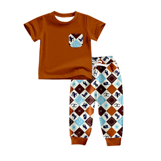 Baby Girls Brown Western Aztec Horse Tee Shirt Pants Clothing Sets Preorder(moq 5)