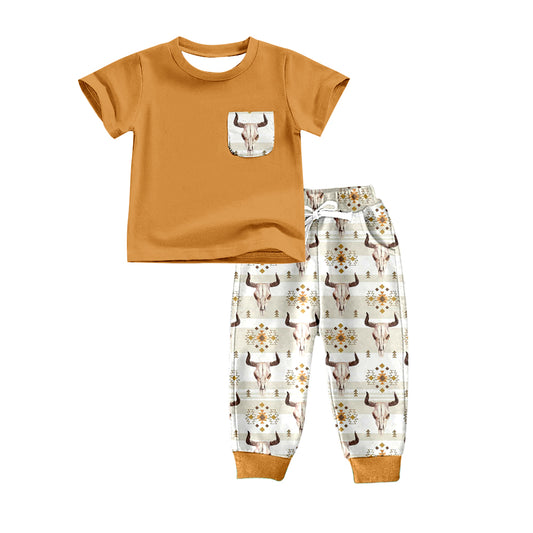 Baby Girls Brown Western Aztec Cow Tee Shirt Pants Clothing Sets Preorder(moq 5)