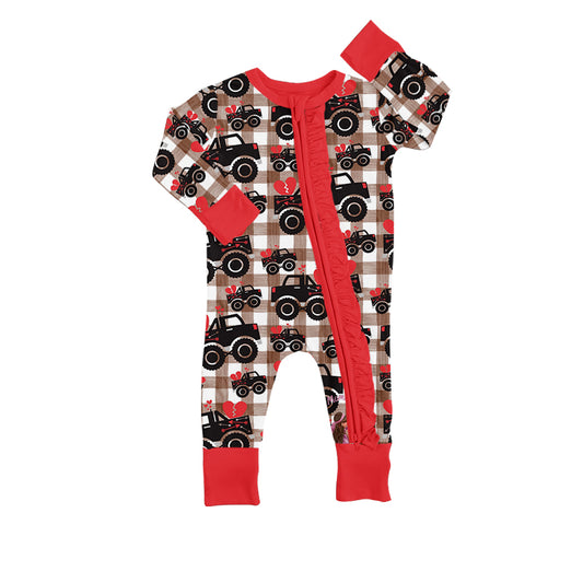 Baby Girls Valentines Hearts Tractors Long Sleeve Zip Rompers preorder(moq 5)