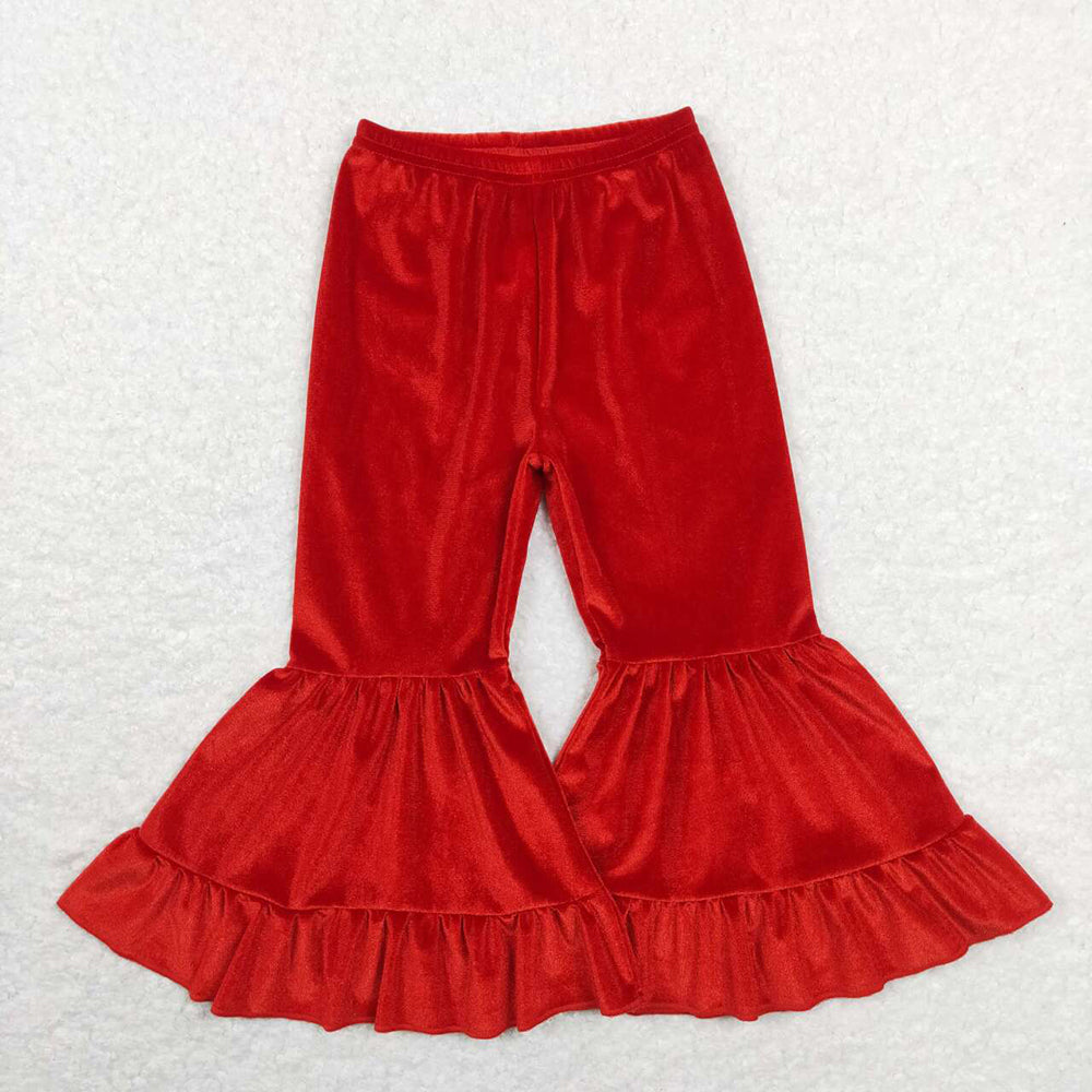 Baby Girls Red Pink Velvet Ruffle Valentines Bell Bottom Pants