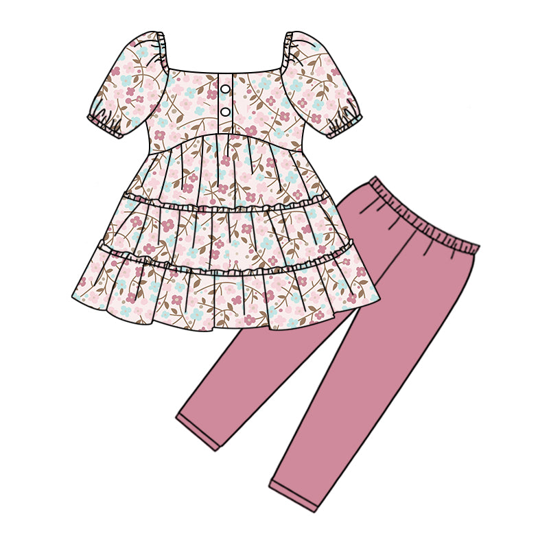 Baby Girls Spring Pink Small Flowers Tunic Legging Bottom Pants Clothing Sets Preorder(moq 5)