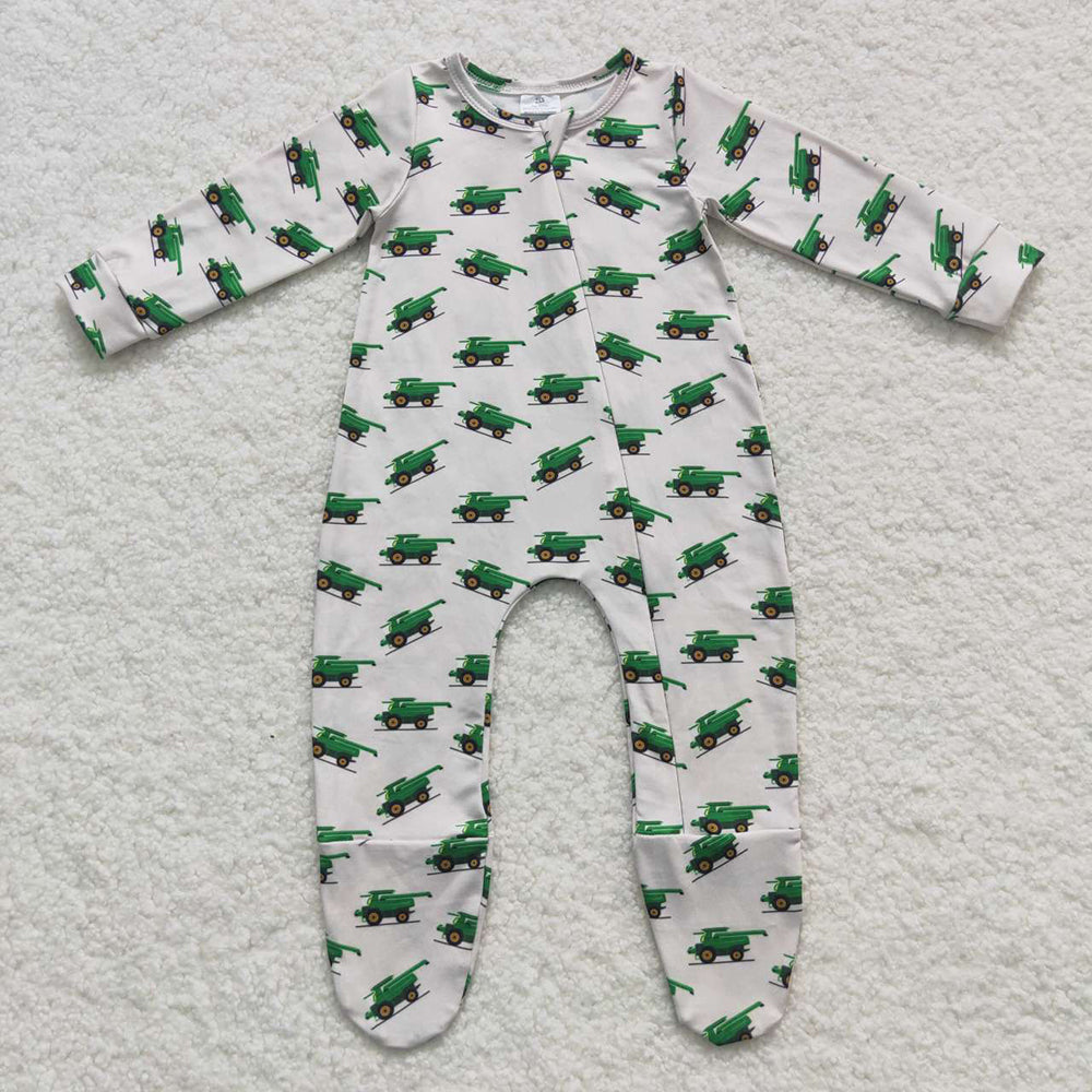 Grey Green Tractor Long Sleeve Baby Kids Infant Rompers